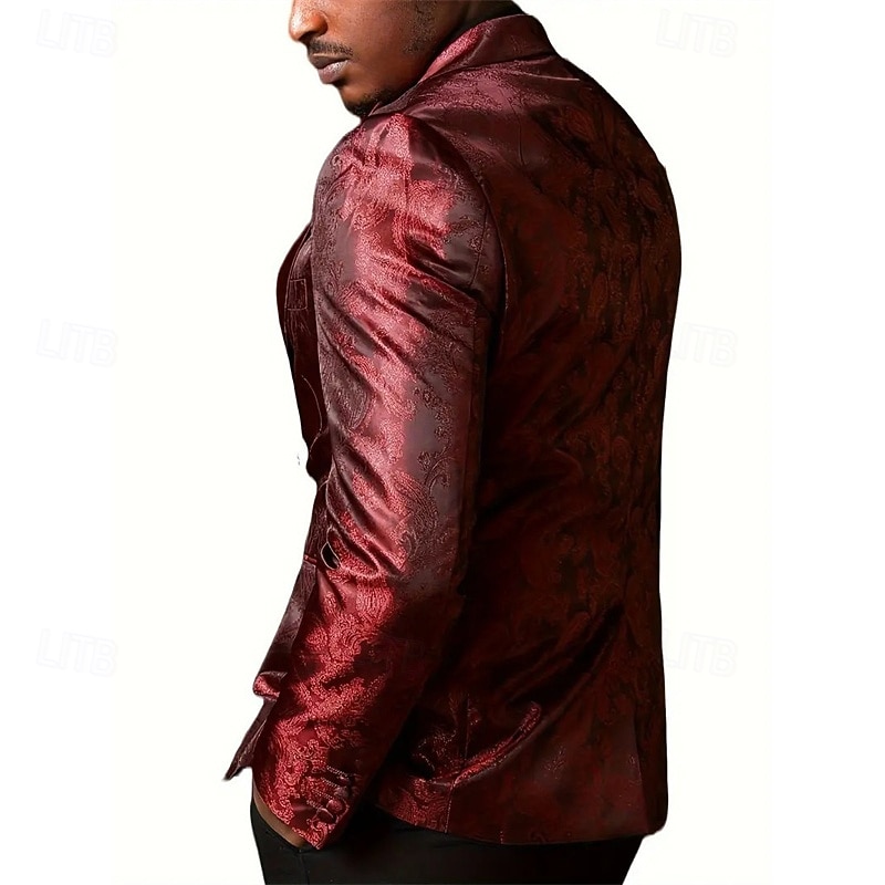 Men's Blazer Business Cocktail Party Wedding Party Fashion Casual Spring Autumn / Fall Polyester Plain Jacquard Buttons Comfortable Single Breasted Blazer Black Burgundy Blue2