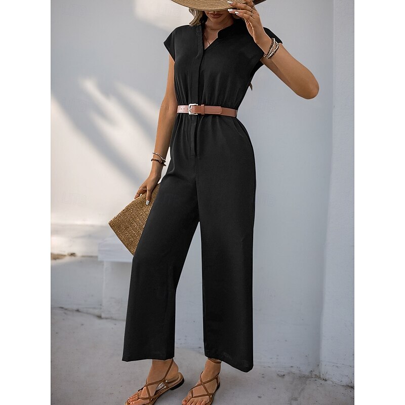 Women's Normal Jumpsuit Streetwear Solid Color Short Sleeve V Neck Buttons High Waist Vacation Office Regular Fit Black Summer3