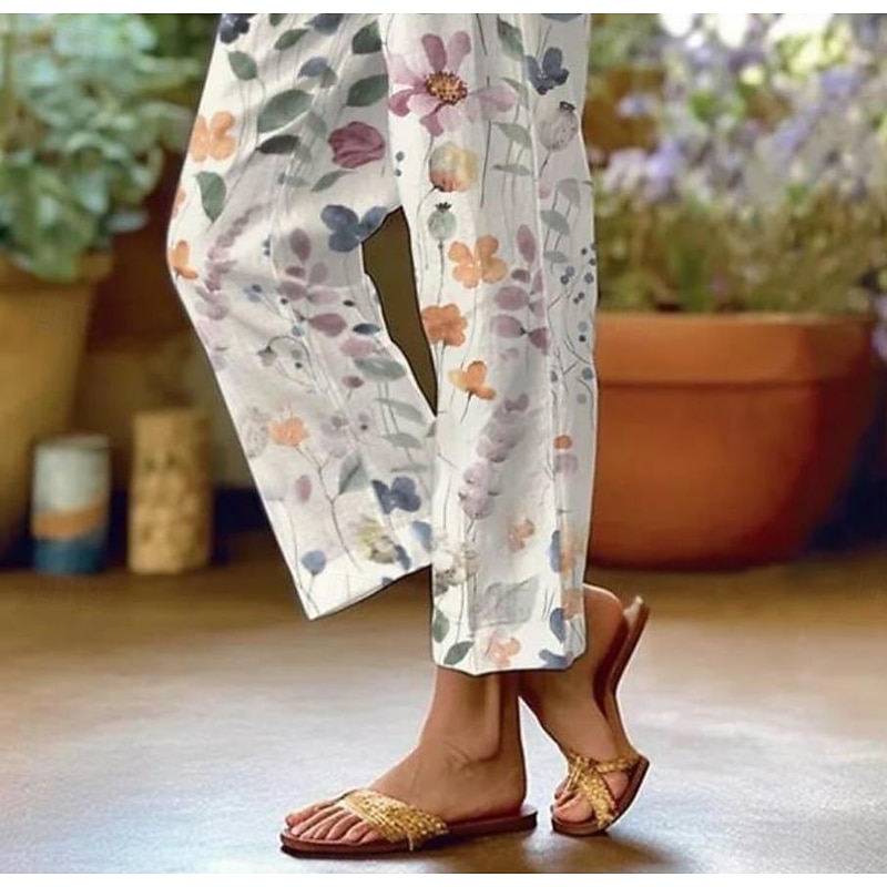 Women's Cotton Linen Pants Baggy Pants Linen Like Fashion Streetwear Full Length High Waist Floral Graphic Printing Thermal Warm Breathable Soft Micro-elastic Outdoor Daily White Fall Winter3