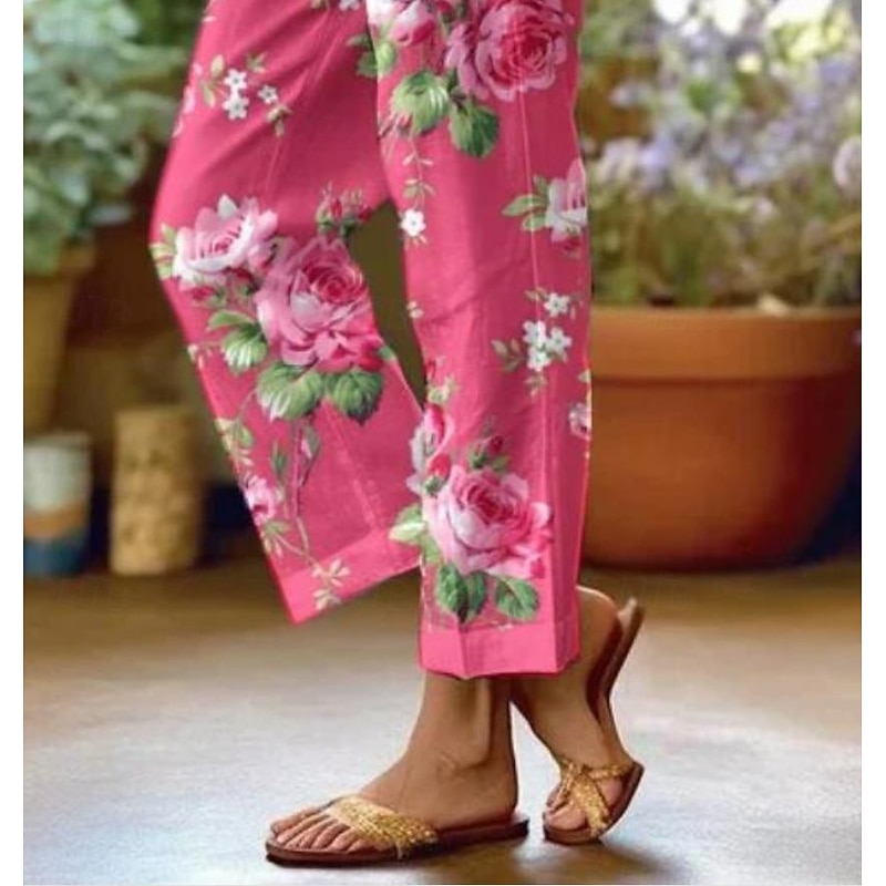 Women's Cotton Linen Pants Baggy Pants Linen Like Fashion Streetwear Full Length High Waist Floral Graphic Printing Thermal Warm Breathable Soft Micro-elastic Outdoor Daily Pink Fall Winter3