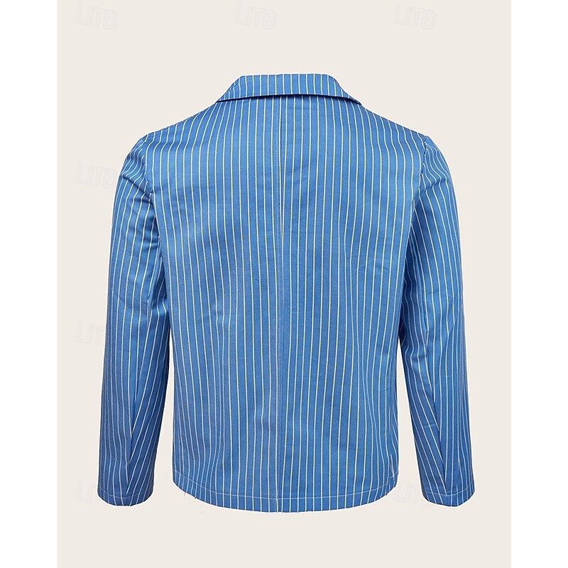 Men's Graduation Blazer Business Cocktail Party Wedding Party Fashion Casual Spring Autumn / Fall Cotton Blend Stripes Pocket Buttons Comfortable Single Breasted Blazer Royal Blue2