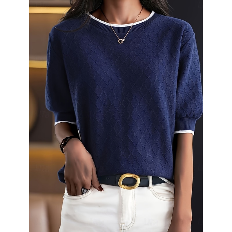 Women's Shirt Blouse Solid Color Stylish Casual 3/4 Length Sleeve Crew Neck Regular Tops Daily Patchwork Blue Summer Spring