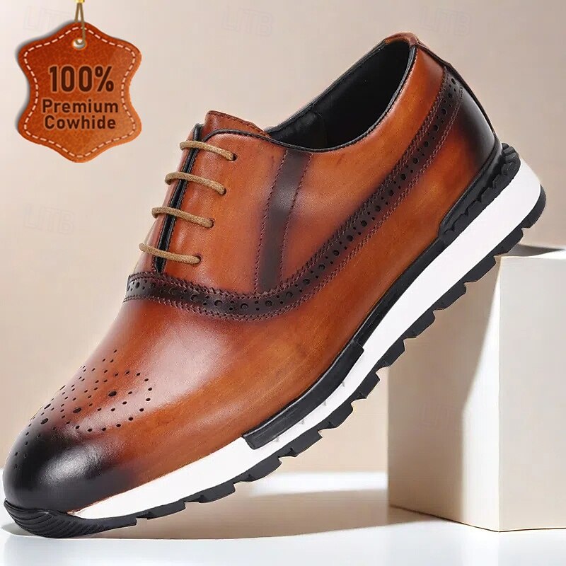 Men's Genuine Leather Brogue Sneakers – Handmade Vintage Wingtip Oxford Shoes with Classic Perforated Detailing for Business & Casual Wear