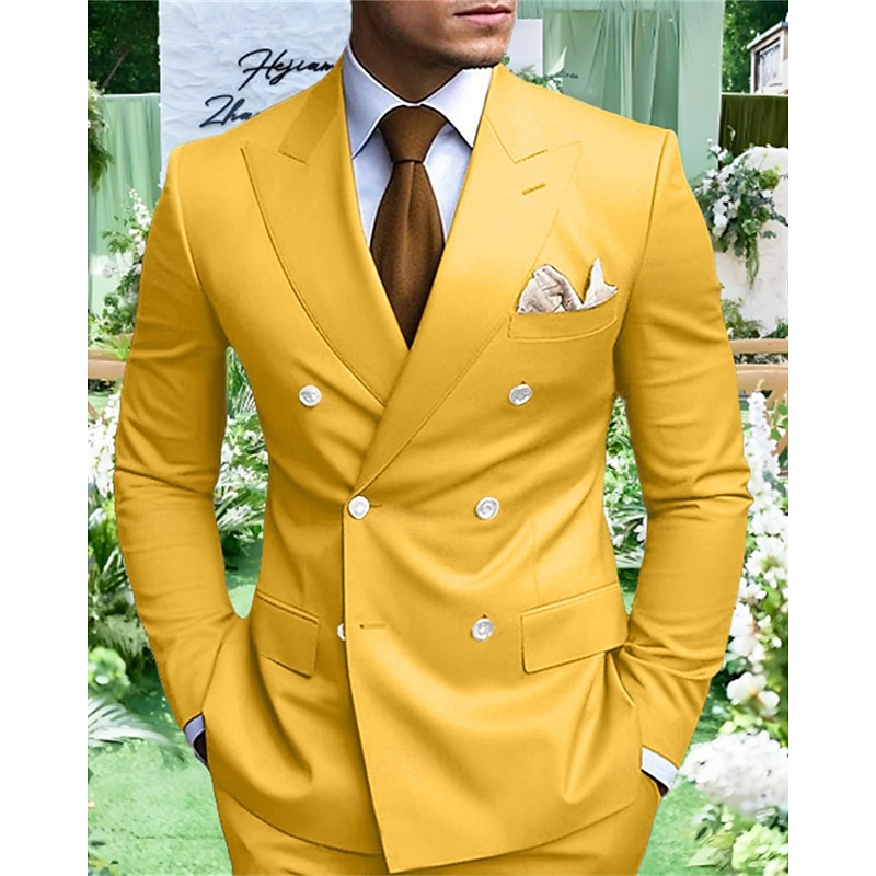 Men's Graduation Blazer Business Cocktail Party Wedding Party Fashion Casual Spring Fall Polyester Plain Pocket Buttons Comfortable Double Breasted Blazer White Yellow Purple Light Blue2