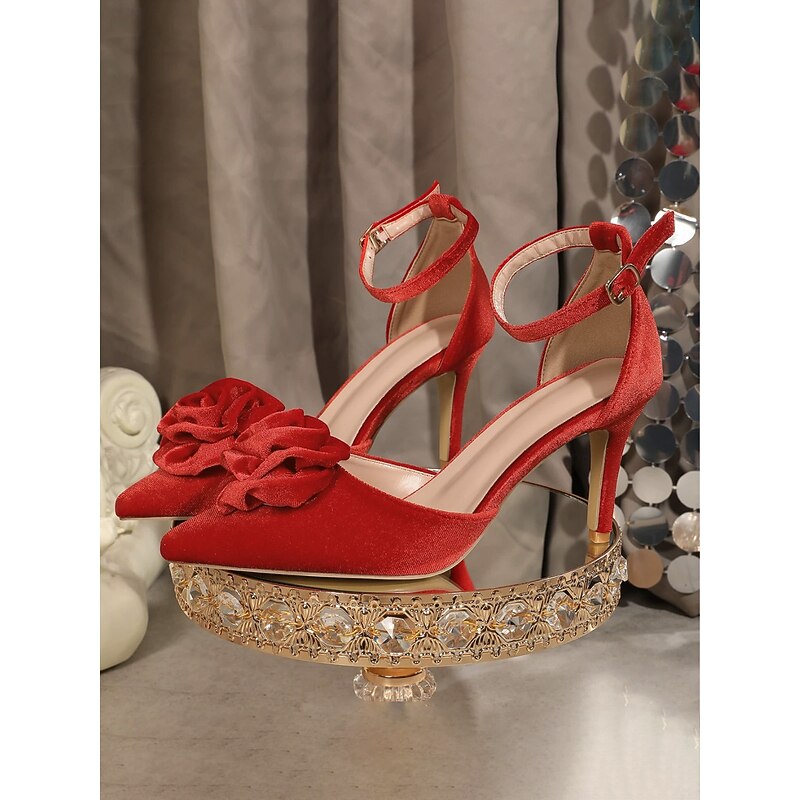 Red Satin Pointed-Toe Heels with Rose Detailing – Classic Wedding Shoes for Women, Ideal for Formal Events or Bridal Wear4