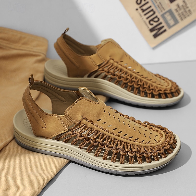 Men's Tan Slip-On Outdoor Sandals with Braided Detailing, Casual Style for Summer and Beach Activities2
