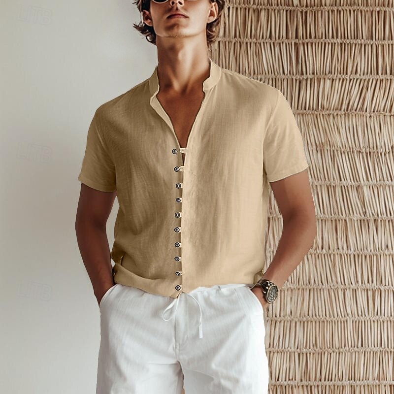 Men's Linen Shirt Summer Shirt Beach Wear Button Up Shirt Plain Vacation Beach White Pink Blue Green Short Sleeve Stand Collar Spring & Summer Clothing Apparel Basic4