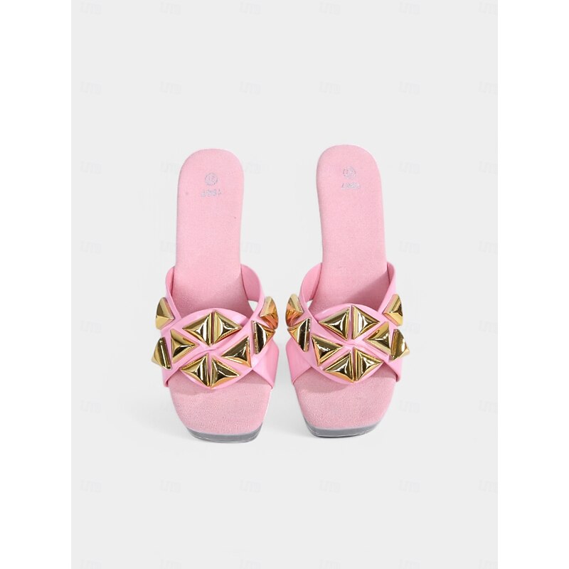 Pink High Heel Sandals with Clear Chunky Heel – Bold Gold Pyramid Studded Design, Trendy Footwear for Night Outs and Special Events.4