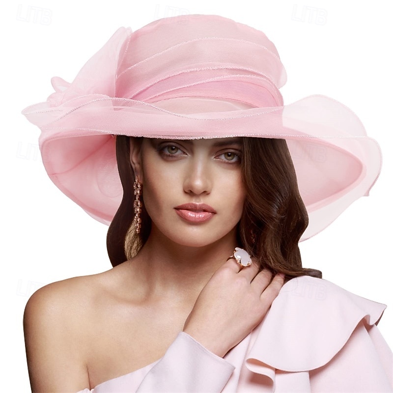Women Organza Hat Church Cap Hats Cocktail Tea Party Wedding Bridal Flower Hat with Wide Brim2
