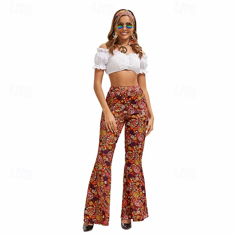 Vintage Inspired Hippie 1970s Pants Masquerade Hippie Printing Collarless Fancy Dress Women's Halloween Carnival Pride Parade Pride Month Adults' Pants Headband All Seasons2