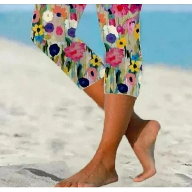 Women's Leggings Capri Pants High Elasticity Vacation Fashion Hawaiian Ankle-Length Mid Waist Floral Printing Thermal Warm Breathable Soft  Vacation Casual Daily Rainbow Summer Spring Regular Fit3