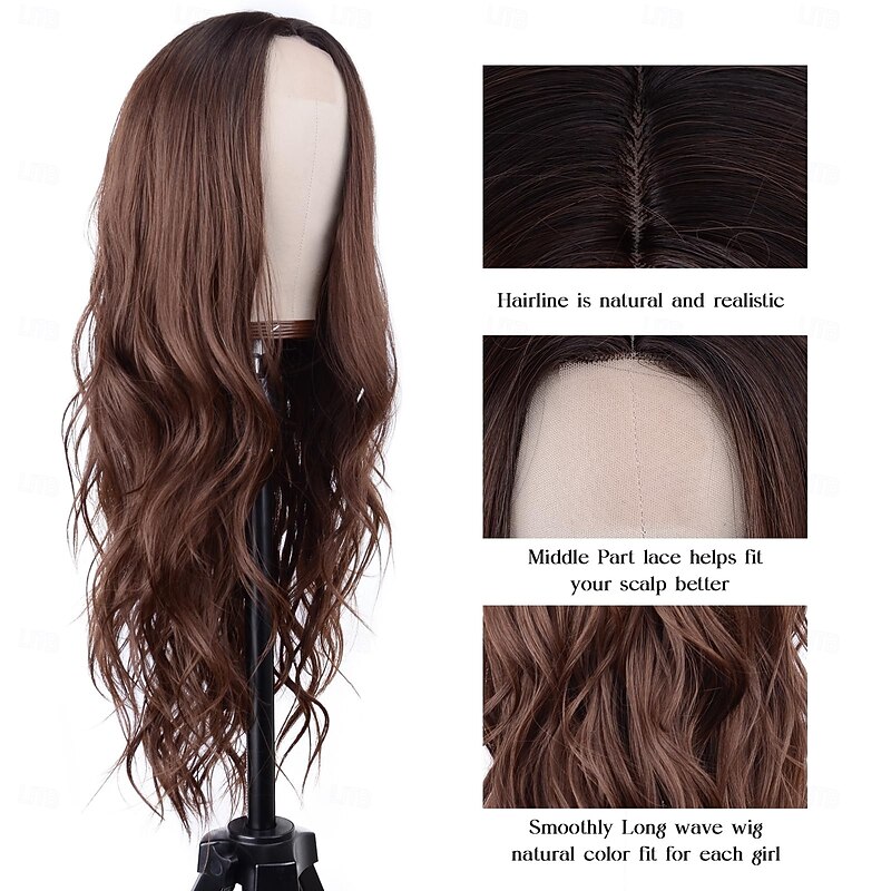 Long Wave Wig for Women  Middle Part Long Curly Wig Heat Resistant Synthetic Hair Looking Natural, Fiber Wig for Daily Party Use4