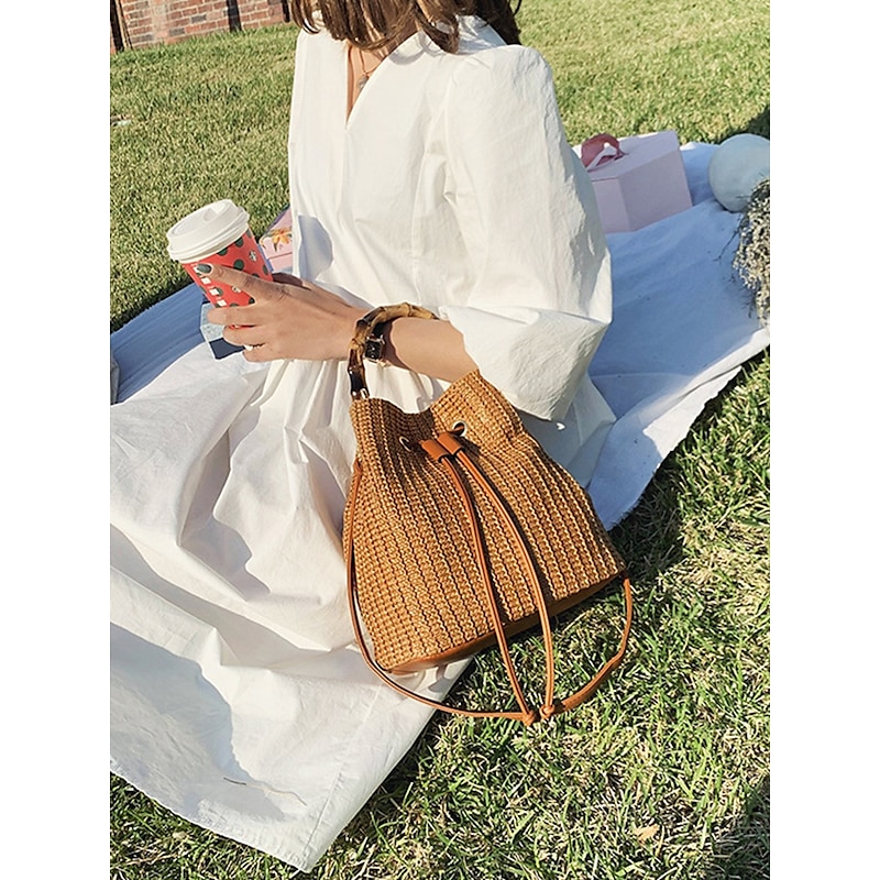 Women's Woven Bamboo Handle Bucket Bag – Chic Boho Straw Handbag with Adjustable Strap for Casual, Travel and Beach Outings4