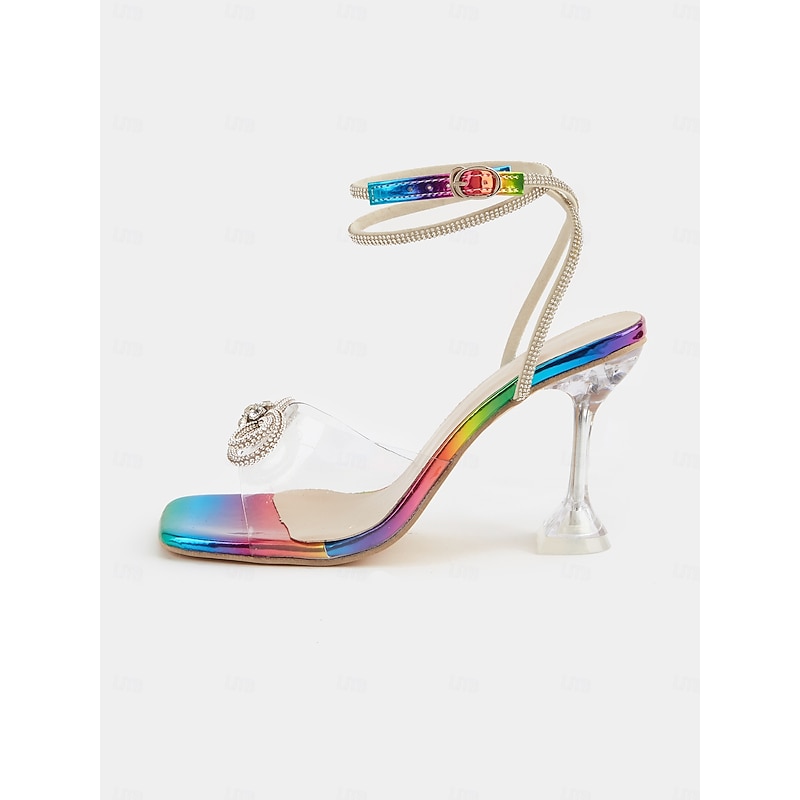 Rainbow Clear Heels with Crystal Bow Detail - Colorful High Heel Sandals for Women - Ideal for Special Occasions4