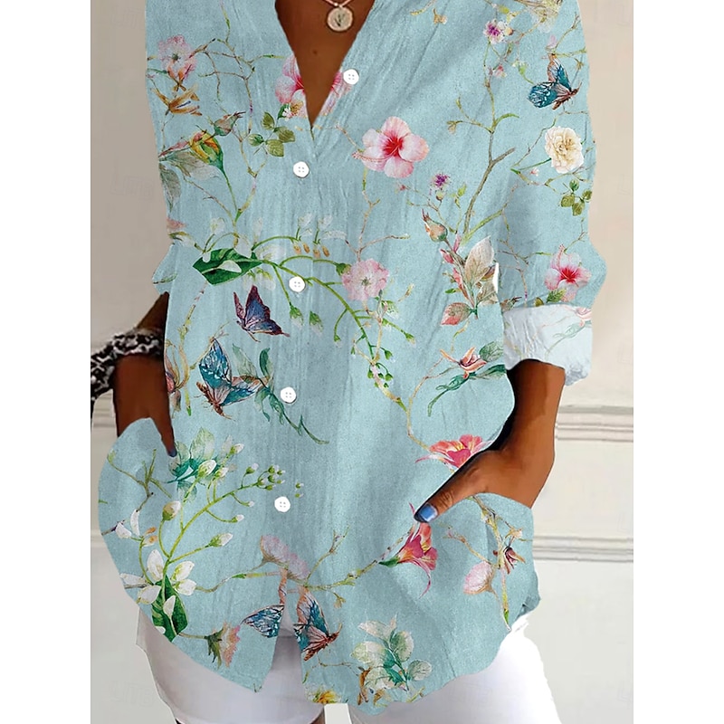 Women's Shirt Button Down Tunic Shirt Collar Long Sleeve Floral Graphic Daily Stylish Retro Vintage 3/4 Length Sleeve Regular Tops Daily Holiday Going out s Light Blue Spring3