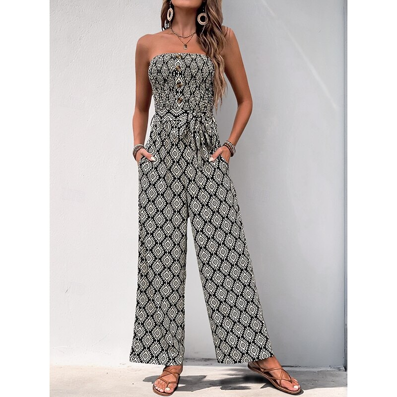 Women's Normal Jumpsuit Active Solid Color Sleeveless Strapless Pocket High Waist Vacation Daily Regular Fit Black Summer3
