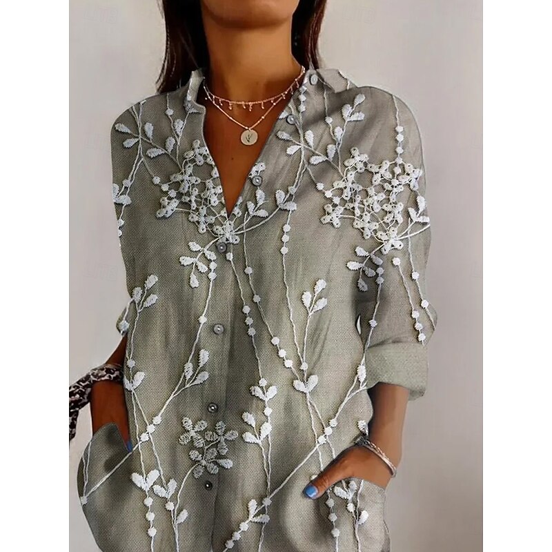Women's Shirt Button Down Tunic Shirt Collar Long Sleeve 3D Print Floral Graphic Daily Stylish Retro Vintage Regular Tops Daily Holiday Going out s Camel Khaki Spring2