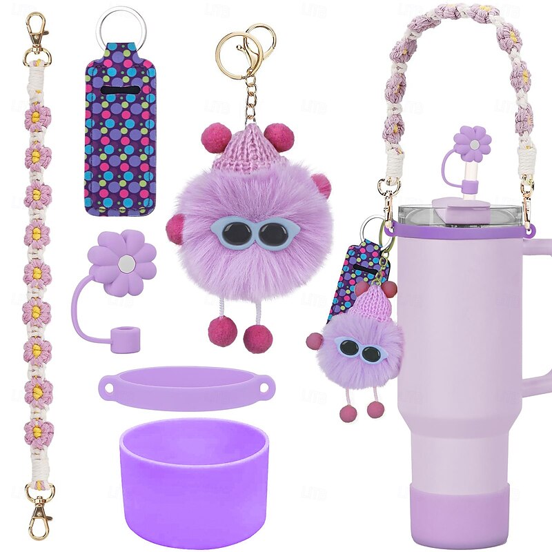 Stanley Cup Hand-woven Handle Flower Straw Cap Lipstick Set Coal Ball Pixie Glitter Silicone Cup Set2