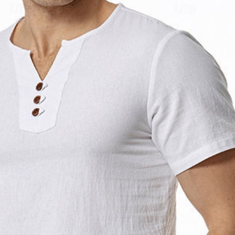 Men's Henley Shirt Cotton Linen T Shirt Tee Top Short Sleeve V Neck Summer Solid Color Fashion Designer Comfortable Buttons Outdoor Casual Daily Black White Navy Blue Top Tee for Men3