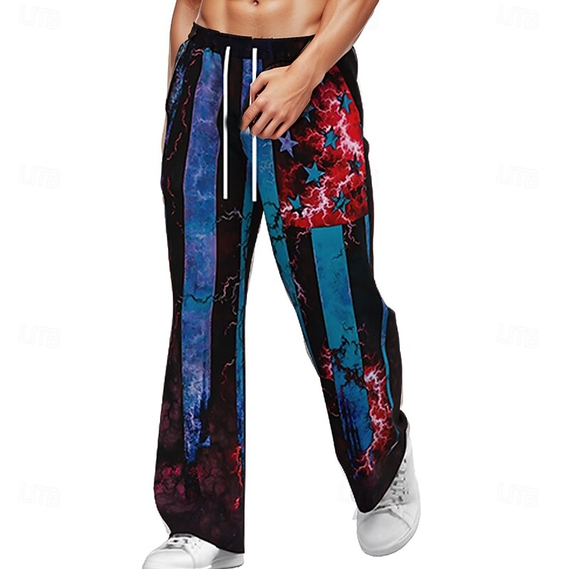 Men's American Flag Patriotic Trousers Baggy Pants Casual Pants Mid Waist Retro Vintage Outdoor Holiday Beach Wide Leg Elastic Drawstring Waist Summer Spring 3D Print Black2