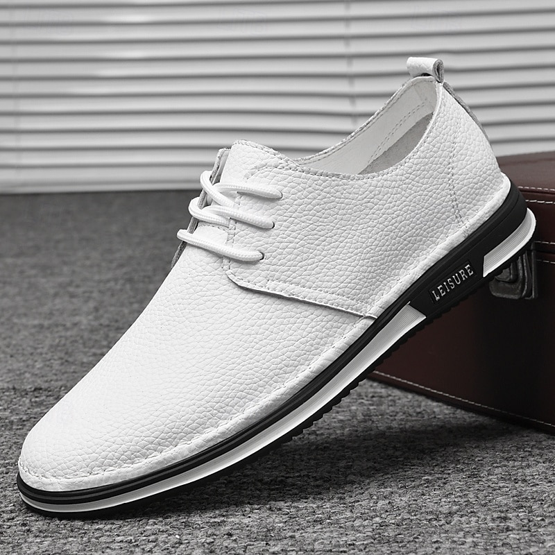 Men's White Faux Leather Casual Lace-Up Sneakers, Comfortable Slip-Resistant Shoes with Rubber Sole, Ideal for Everyday and Leisure Use