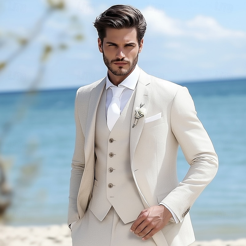 Men's Beach Wedding Linen Suits Beige Fashion Formal Solid Colored Standard Fit 3 Piece Single Breasted Two-buttons2