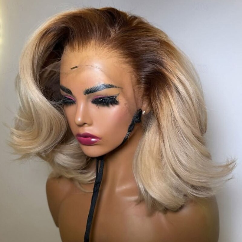 Remy Human Hair 5x5 Closure 13x4 Lace Front Wig Bob Short Bob Brazilian Hair Wavy Blonde Wig 130% 150% Density with Baby Hair Ombre Hair Pre-Plucked For Women Short Human Hair Lace Wig