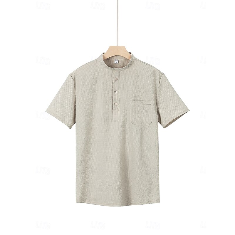 Men's Shirt Popover Shirt Summer Shirt Casual Shirt Button Up Shirt Black White Blue Green khaki Short Sleeve Classic Solid / Plain Color Band Collar Henley Vacation Hawaiian Buckle Clothing Apparel