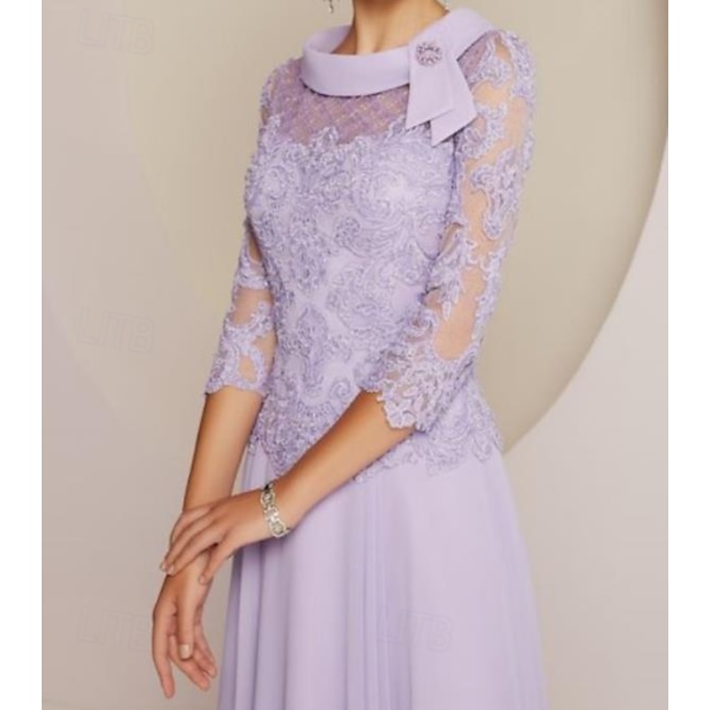 Sheath / Column Mother of the Bride Dress Wedding Guest Party Sweet Scoop Neck Tea Length Chiffon Lace 3/4 Length Sleeve with Pleats Beading3