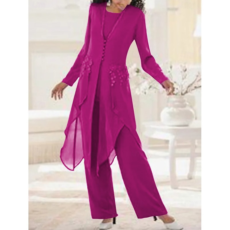 Beach Wedding 3 Piece Mother of the Bride  Wedding Guest Elegant Vintage Scoop Neck Ankle Length Chiffon Lace Long Sleeve with Appliques