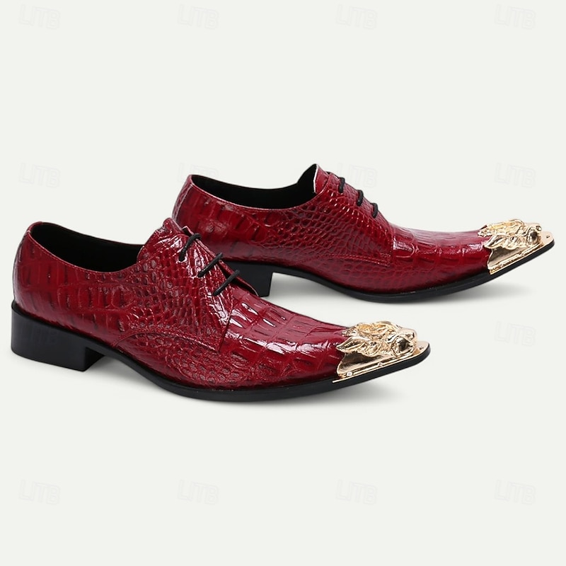 Men's Premium Red Crocodile-Patterned Leather Dress Shoes with Gold Tip Gold Lion Head Toe–Stylish Formal Footwear for Special Occasions4