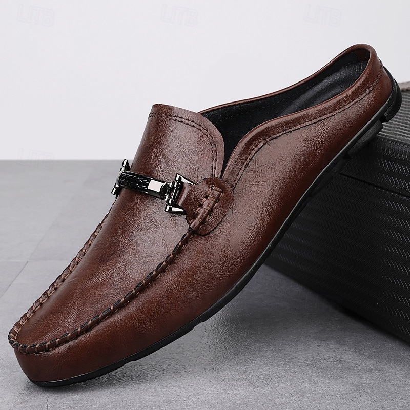 Men's Brown Slip-on Loafers with Metallic Buckle, Casual Faux Leather Shoes for Everyday Wear