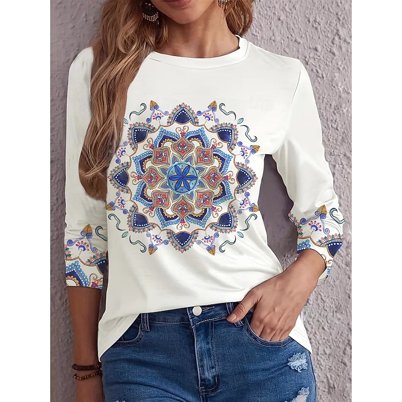 Women's T shirt Crew Neck Long Sleeve Tunic Letter Casual Round Neck Regular Tops Daily Weekend Print White Fall Winter
