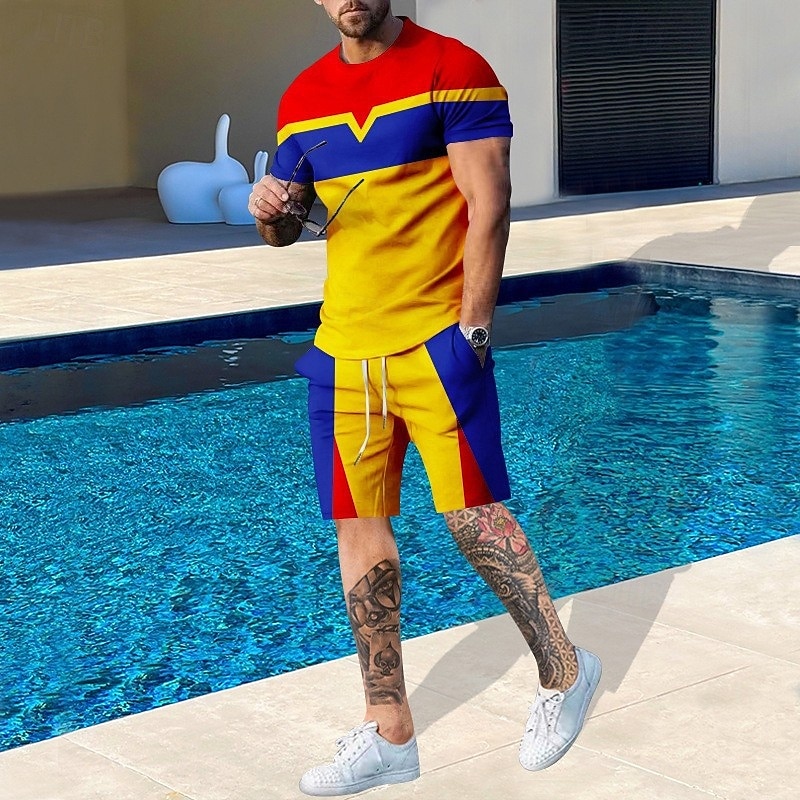 Men's T-shirt Suits 2 Pieces Outfits Tee & Shorts Short Sleeve Crewneck Summer Color Block Fashion Casual 2 Piece Vacation Daily Wear Going out Black Blue Yellow Top Tee for Men3