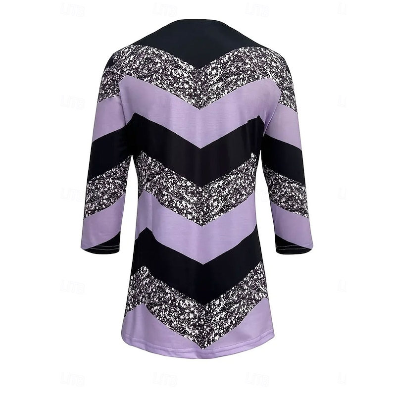 Women's T Shirt Striped Casual Long Sleeve V Neck Regular Tops Daily Print Purple Spring Fall2