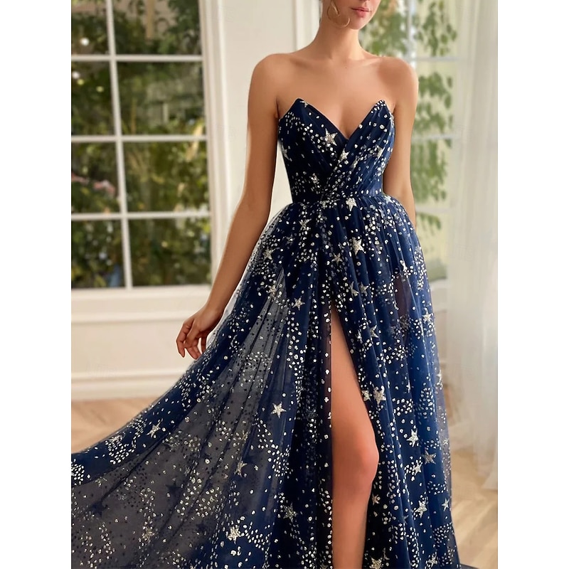 A-Line Prom Dresses Sparkle & Shine Dress Wedding Guest Birthday Sweep / Brush Train Long Sleeve Strapless Tulle with Sequin Slit Masquerade Dress2