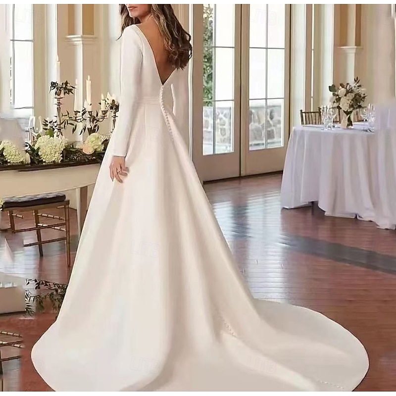 Hall Formal Boho Wedding Dresses Ball Gown V Neck Long Sleeve Chapel Train Jersey Bridal Suits Bridal Gowns With Ruched2