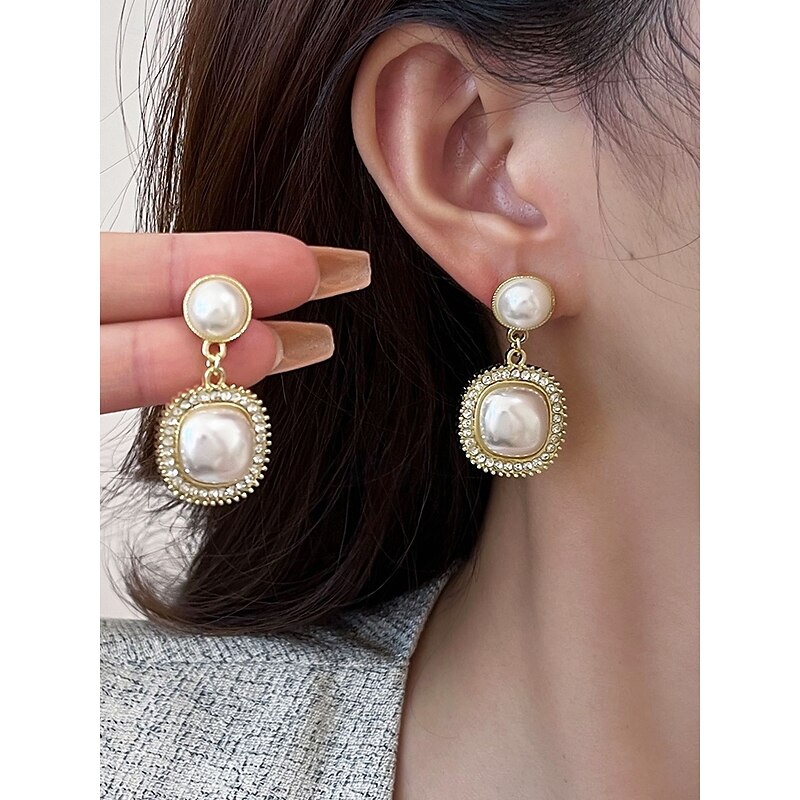 Elegant Gold-Plated Pearl Earrings with Rhinestone Detailing – Square and Round Design for Women – Perfect for Weddings and Formal Occasions