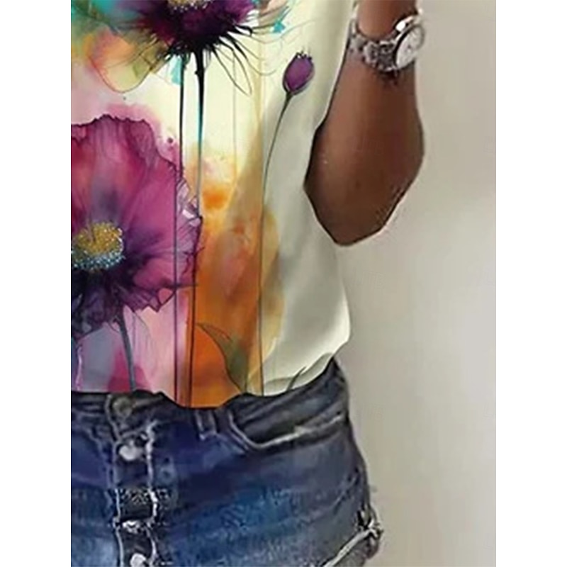 Women's T Shirt Floral Color Block Casual Short Sleeve Round Neck Regular Tops Daily Print Green Summer3
