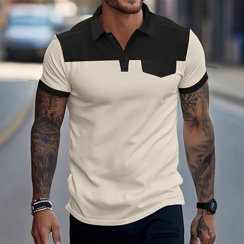 Men's Golf Shirt Waffle Knit Polo Shirt Business Casual Classic Short Sleeve Fashion Modern Color Block Buttons Pocket Summer Spring Regular Fit Burgundy Green Khaki Gray Golf Shirt3
