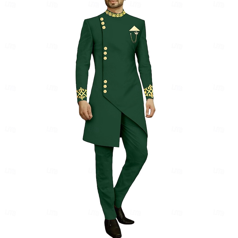 Men's Africa Festival Party Suits Black White Fashion Solid Colored Standard Fit 2 Piece Single Breasted More-button