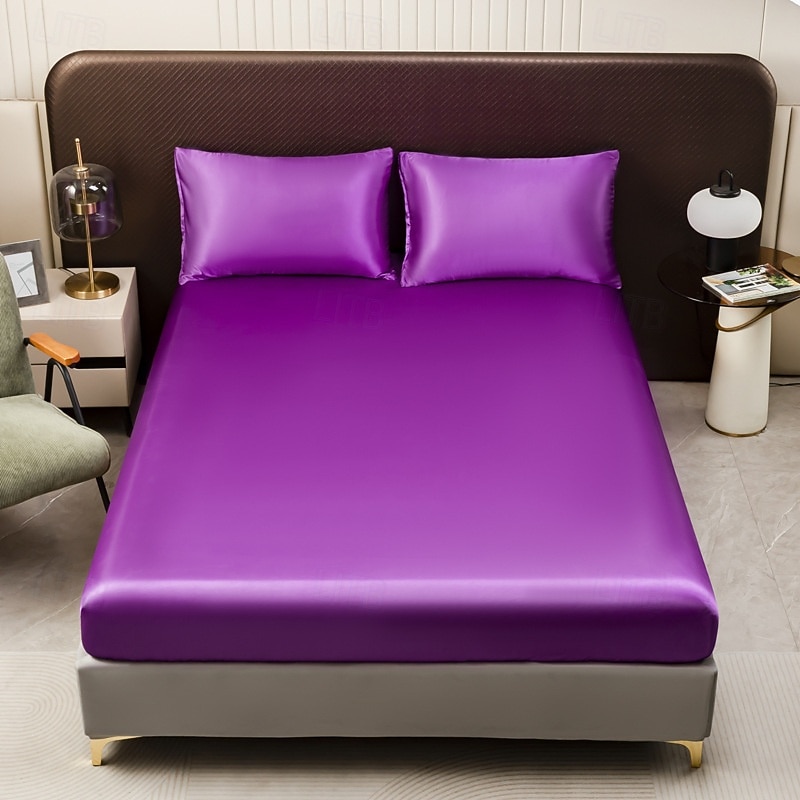 Luxurious 3-Piece Satin Bedding Set: Sleek Solid Color Fitted Sheet and 2 Pillowcases - Perfect for Daily Use & Guest Rooms