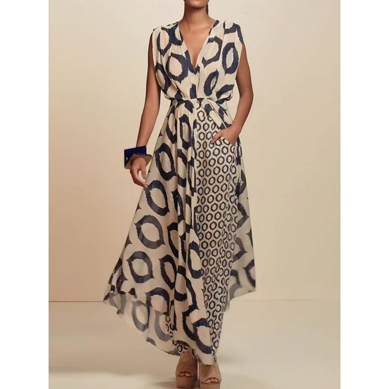 Women's Dress Set Casual Dress Skirt Set Casual Geometric Ruched Pocket Maxi Dress Sleeveless Stand Collar Outdoor Daily Black Summer Spring Regular Fit