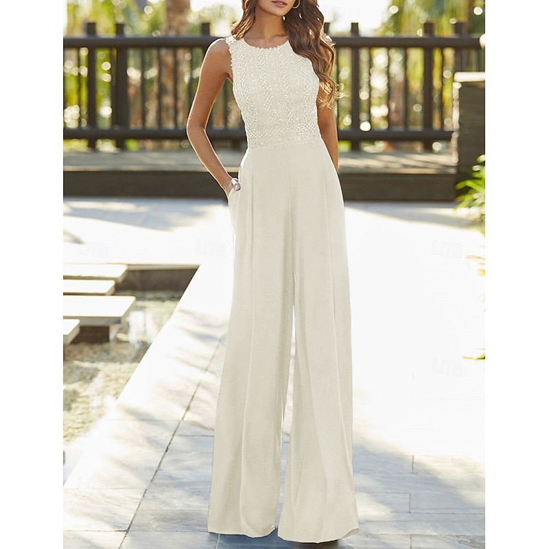 Jumpsuits Evening Gown Elegant  Prom Birthday Floor Length Sleeveless Jewel Neck Fall Wedding Guest Stretch Chiffon with Criss Cross Pure Color free custom size4