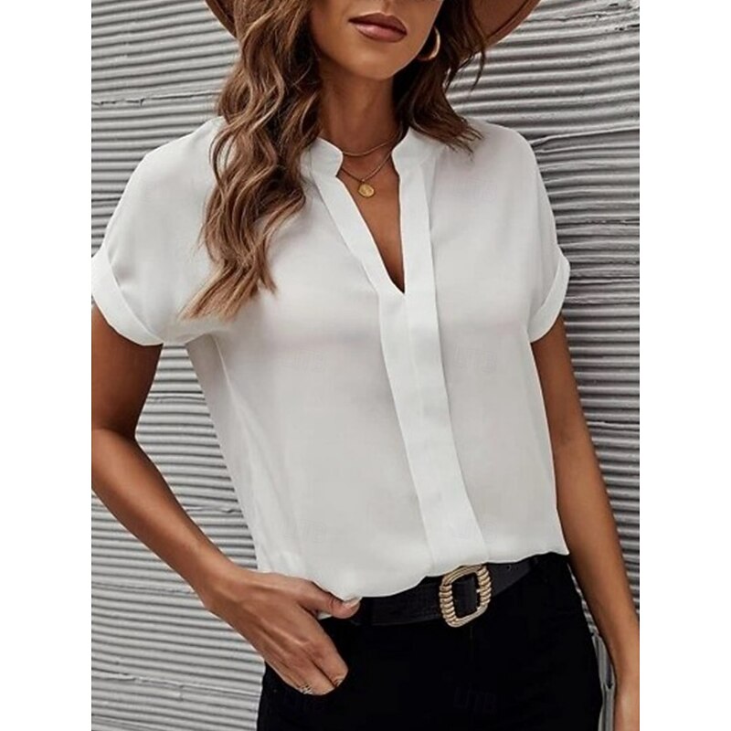 Women's Shirt Blouse Solid Color Stylish Casual Short Sleeve Notched Neck Regular Tops Daily Black White Blue Fuchsia Summer Spring4