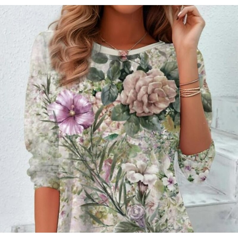 Women's T shirt Long Sleeve Crew Neck Long Sleeve Tunic Floral Elegant Vintage Casual Regular Tops Daily Print Sage Green Spring Fall Prefall3