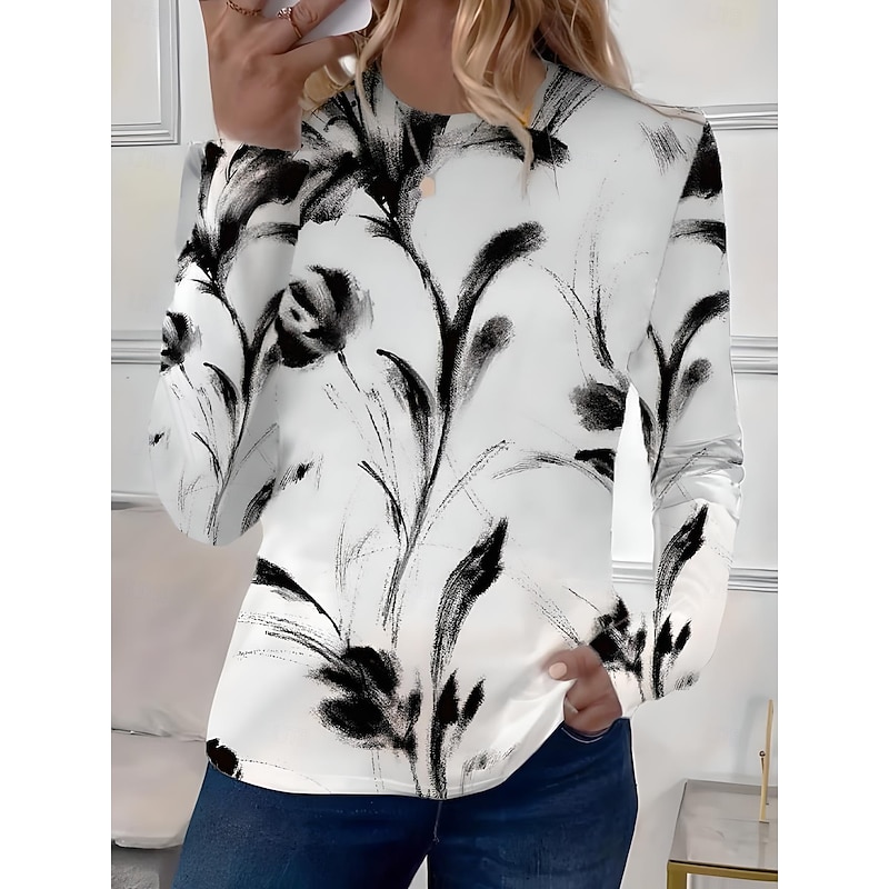 Women's T shirt Long Sleeve Crew Neck Long Sleeve Tunic Ocean Casual Regular Tops Daily Going out Weekend Print White / Black black+white+blue White Pink Red Prefall4