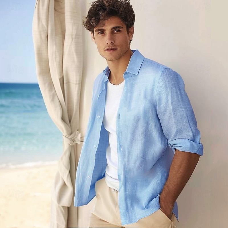 Men's Cotton Linen Casual Shirt Solid Color Vacation Wedding Outdoor Light Blue Long Sleeve Shirt Collar Summer Spring Clothing Apparel Buttons4