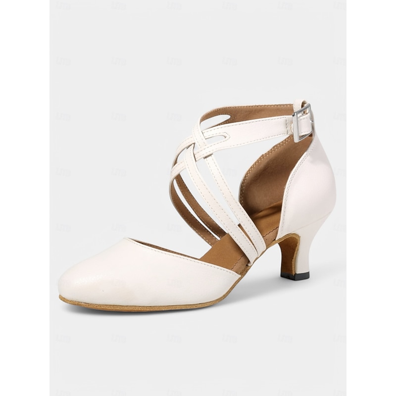 White Satin Dance Shoes with Cross-Strap Design – Mid Heel, Open Toe for Women – Ideal for Weddings, Formal Events, and Dance Competitions