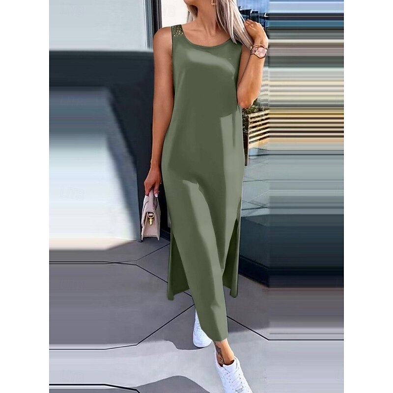 Women's Maxi Dress A Line Dress Solid Color Tank Dress Summer Dress Basic Casual Vacation Daily Regular Fit Graphic Sleeveless Crew Neck Black White Army Green Dark Gray Summer2